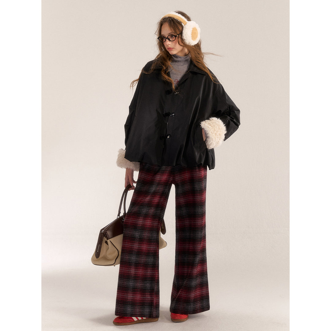 AsGony Retro Plaid Elastic-Waist Wide-Leg Pants