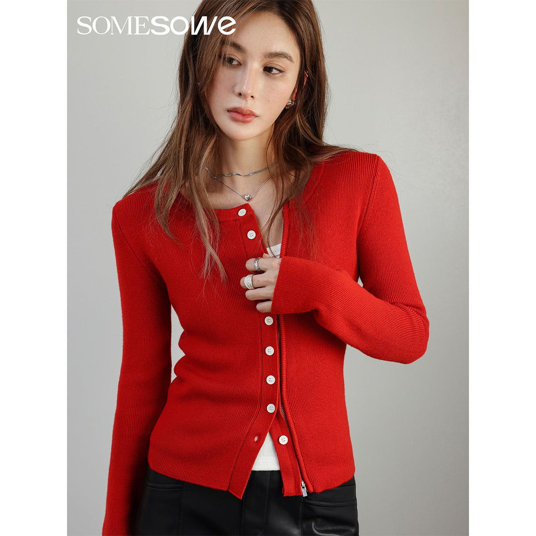 SomeSowe Double Placket Knit Top Red - Mores Studio