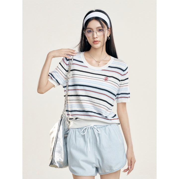 Liilou Silk Woolen Striped Knit Top Blue