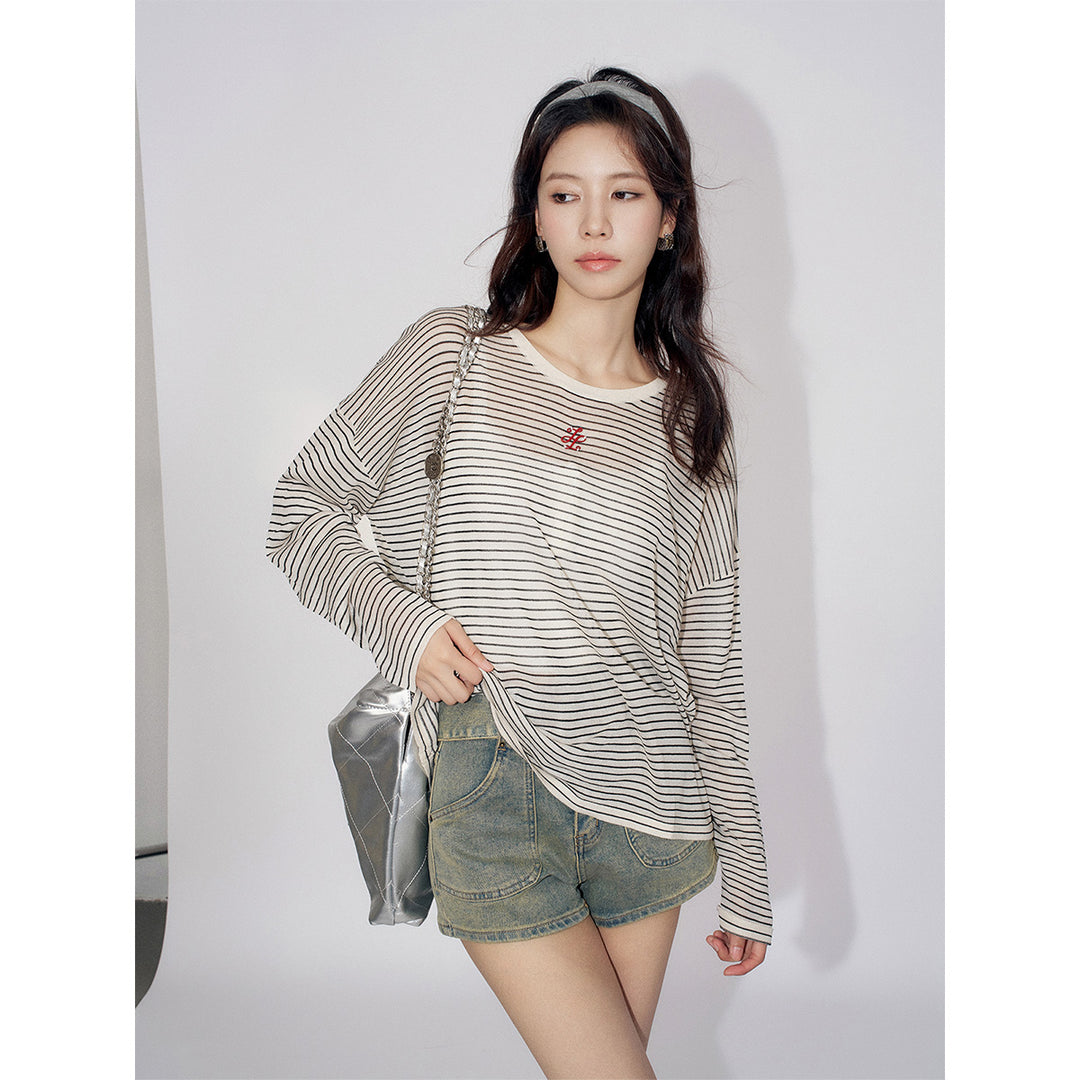 Liilou Embroidery Logo Striped Casual Long Sleeve Top