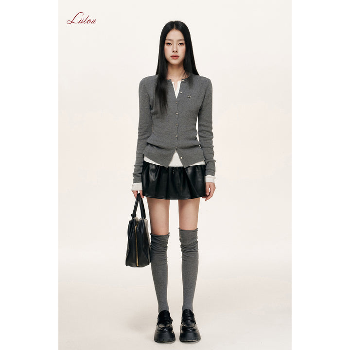 Liilou Fake-2-Piece Contrast Color Slim Knit Top Gray