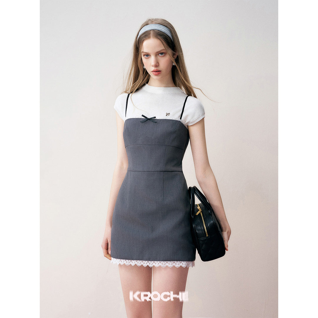 Kroche Lace Paneled Bow Fitted Halter Dress