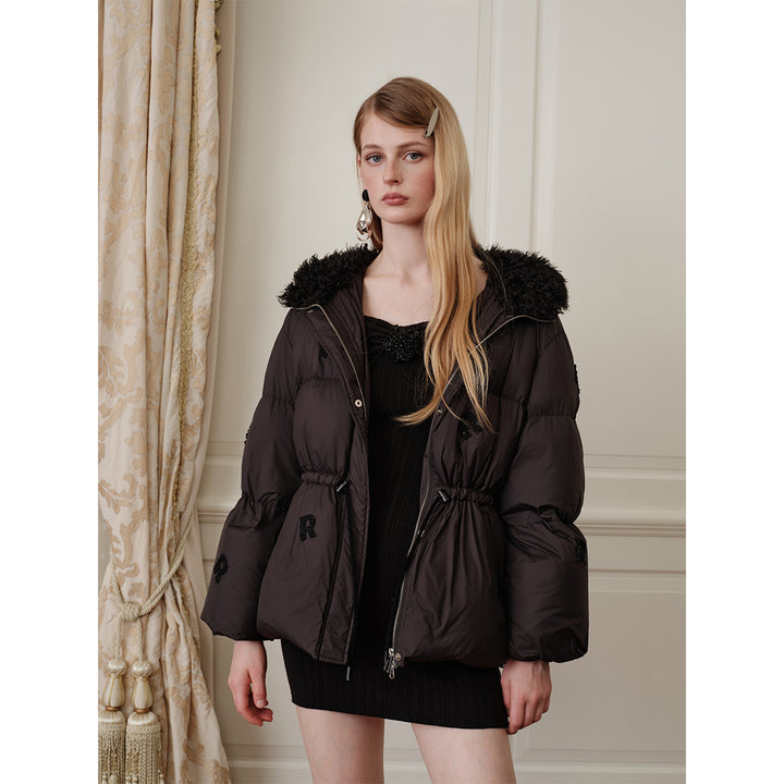 Rocha Roma Fur Collar Patch Down Jacket Black