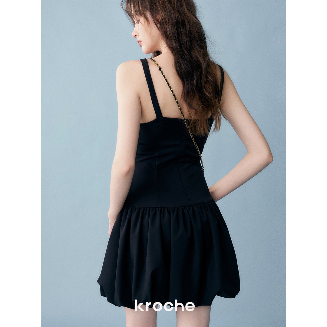 Kroche Color Blocked Bow Patchwork Bud Dress Black