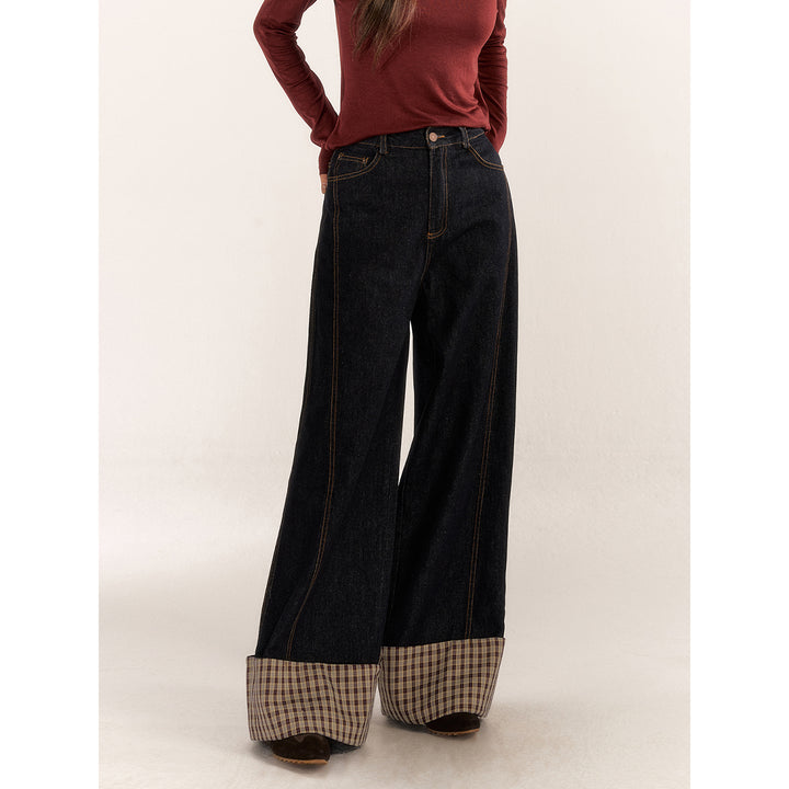 AsGony Plaid Patchwork Turn Over Edge Wide-Leg Jeans