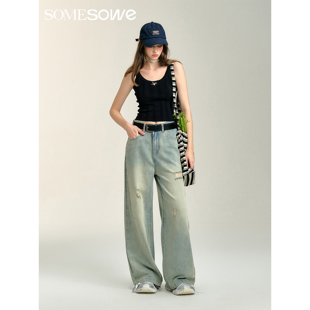 SomeSowe Vintage Hot-Drilled Washed Denim Pants