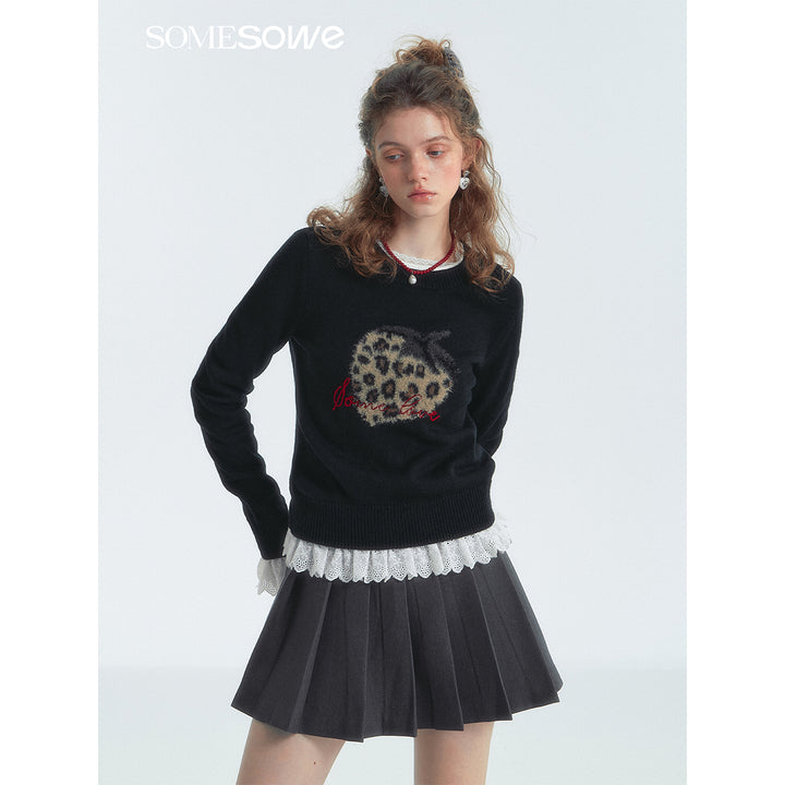 SomeSowe Leopard Strawberry Knit Sweater Black