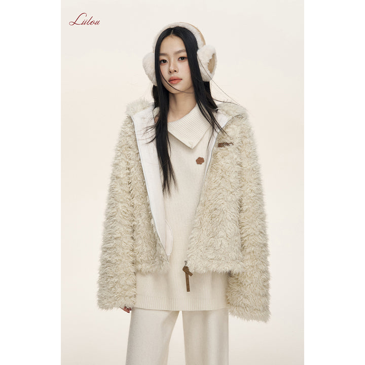 Liilou Fur Integrated Curly-Fur Hooded Woolen Fleece Jacket