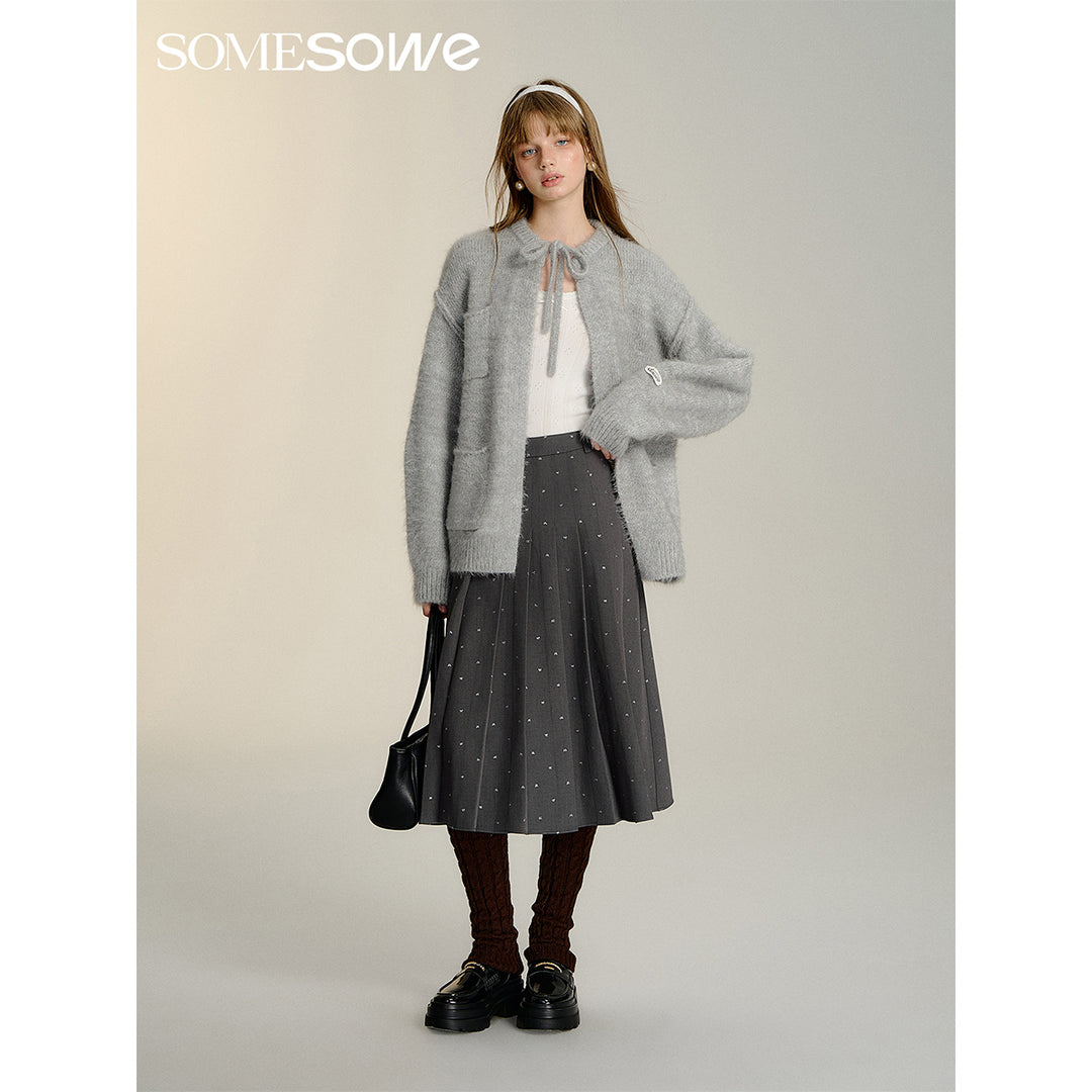 SomeSowe Silhouette Lace Up Furry Cardigan Gray