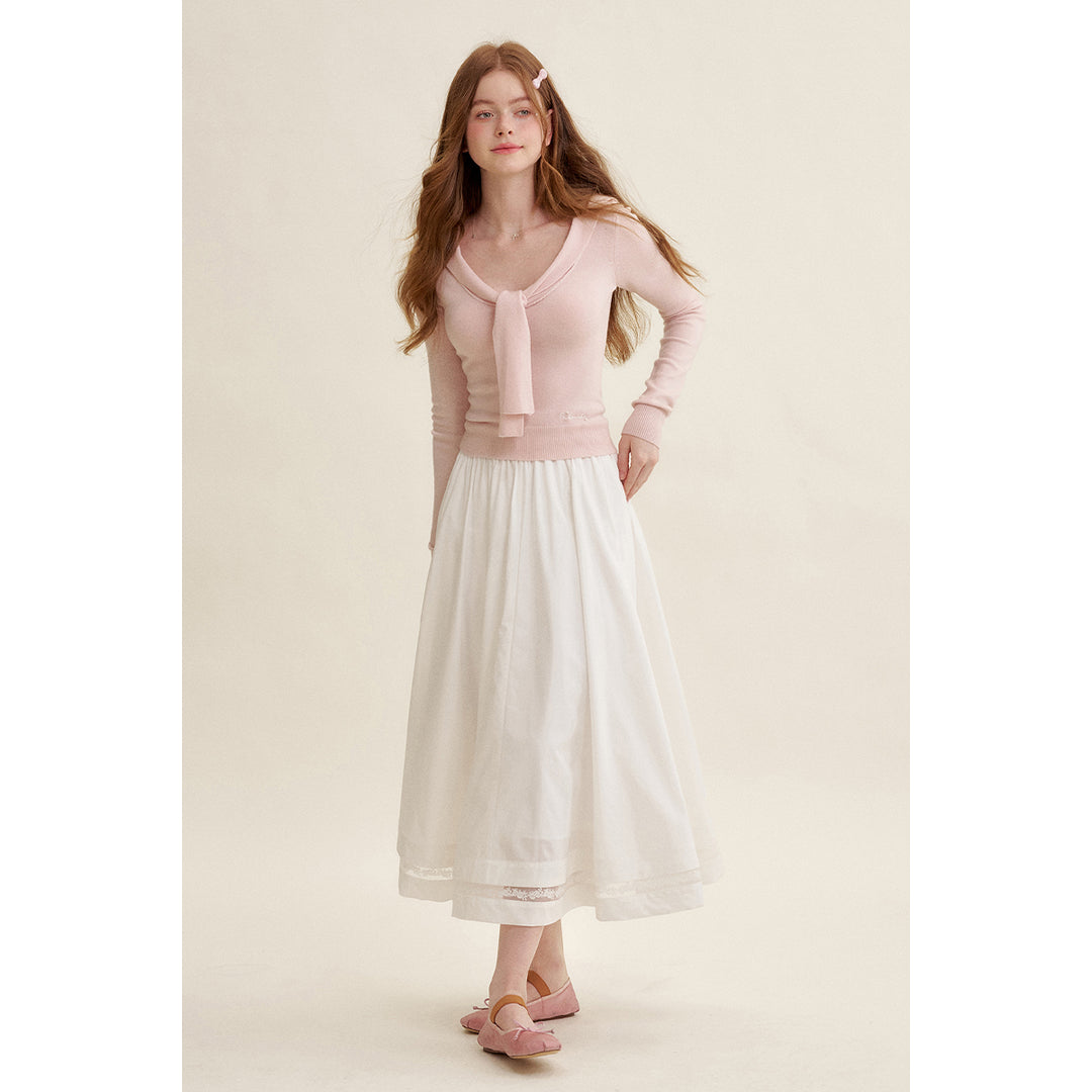 Kroche Lace Patchwork High Waist A-Line Long Skirt White