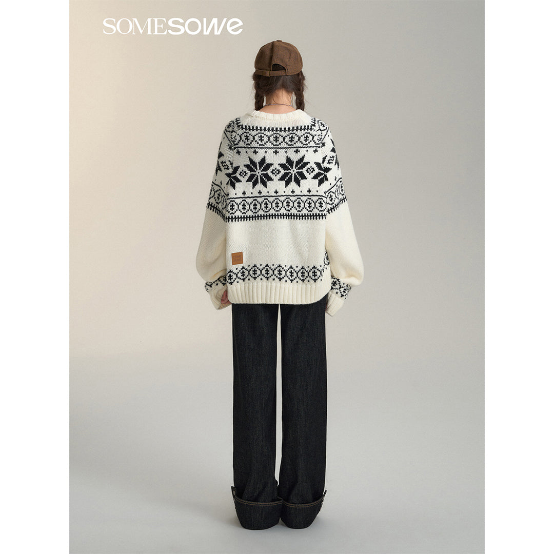 SomeSowe Vintage Jacquard Round-Neck Knit Sweater White