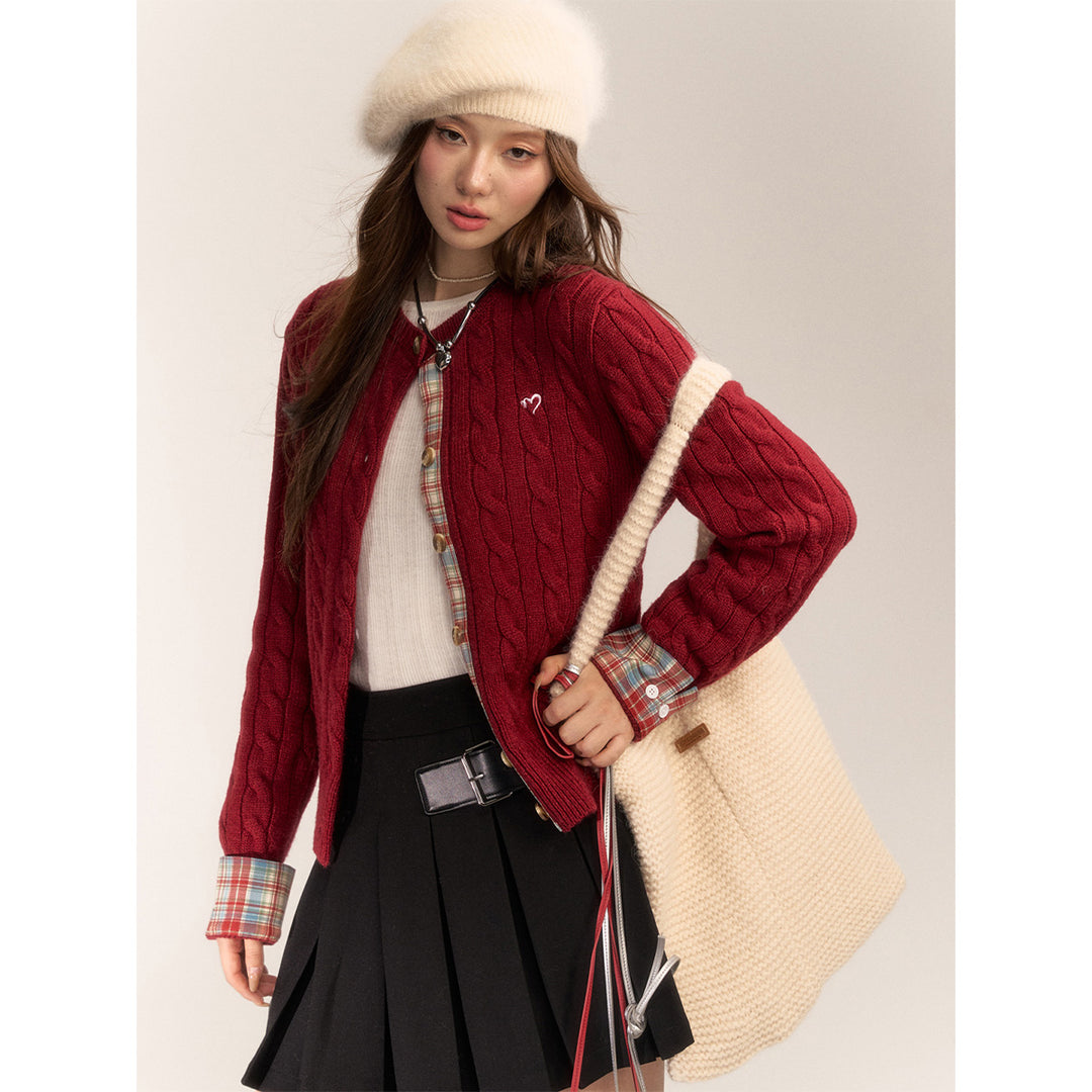 AsGony Blended Woolen Plaid Patchwork Knit Cardigan Red