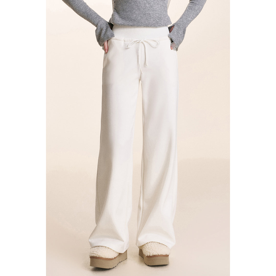 Kroche Drawstring High Waist Wide-Leg Casual Pants White