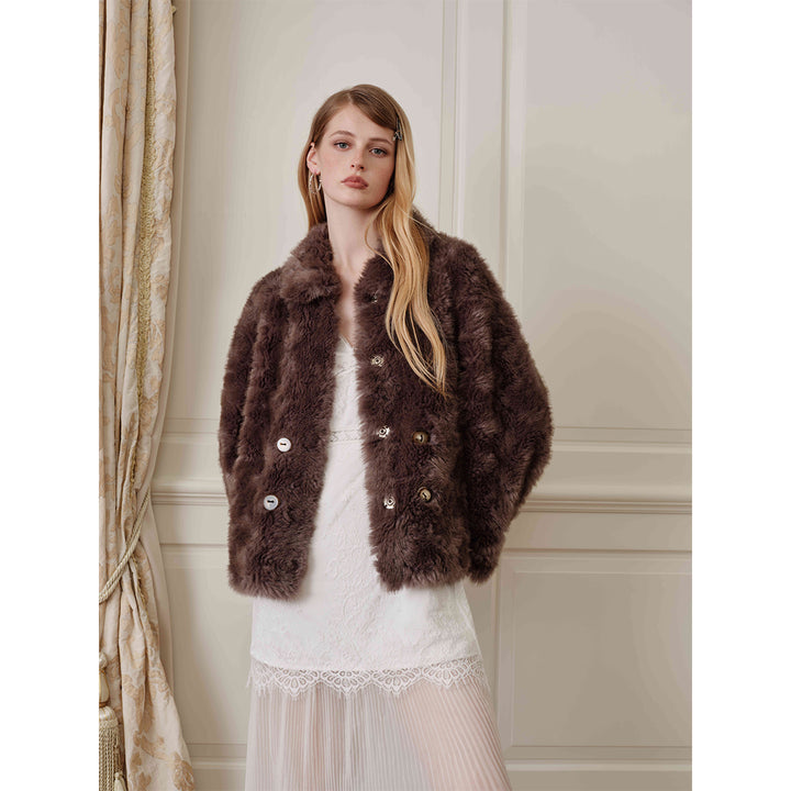 Rocha Roma Curly Fur Lapel Short Jacket Brown