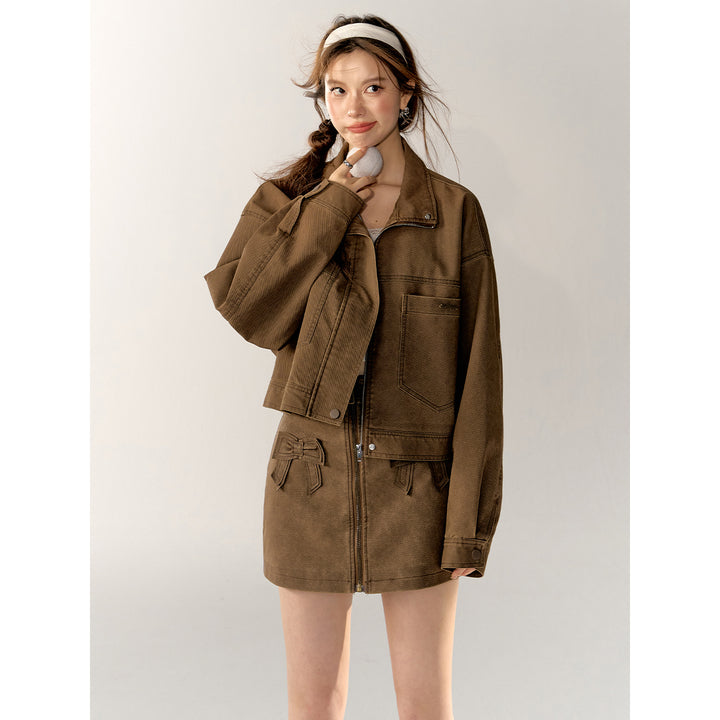 AsGony Retro Twill Zipper Casual Short Jacket Brown