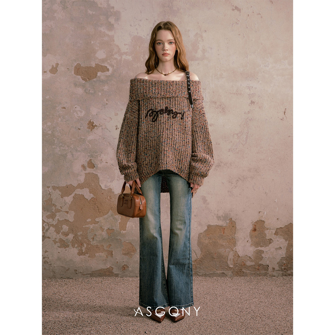 AsGony Logo Embroidery Off-Shoulder Sweater - Mores Studio