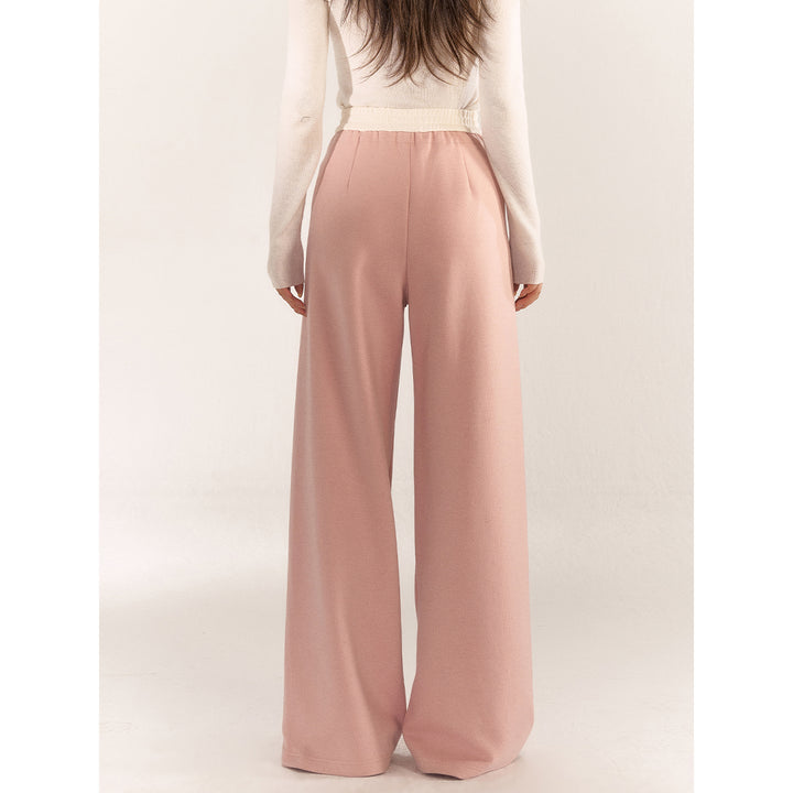 AsGony Contrast Color Elastic-Waist Casual Pants Pink