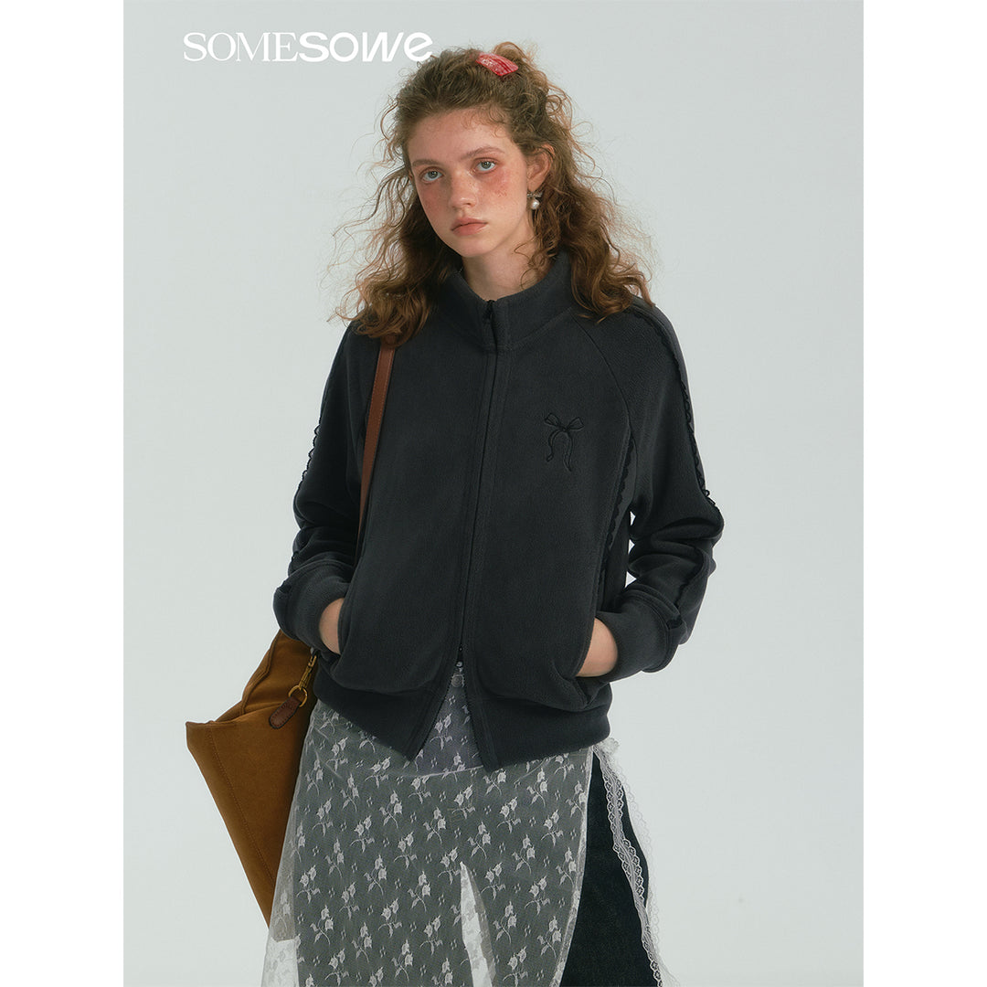 SomeSowe Lace Patchwork Fleece Jacket Dark Gray