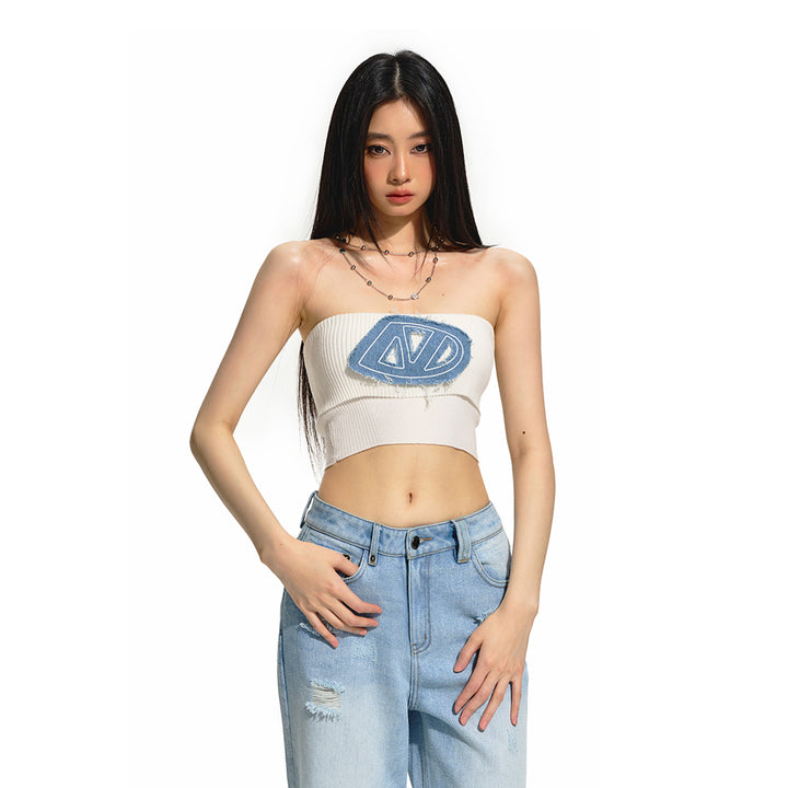 NAWS Embroidered Denim Logo Knit Tube Top Vest White