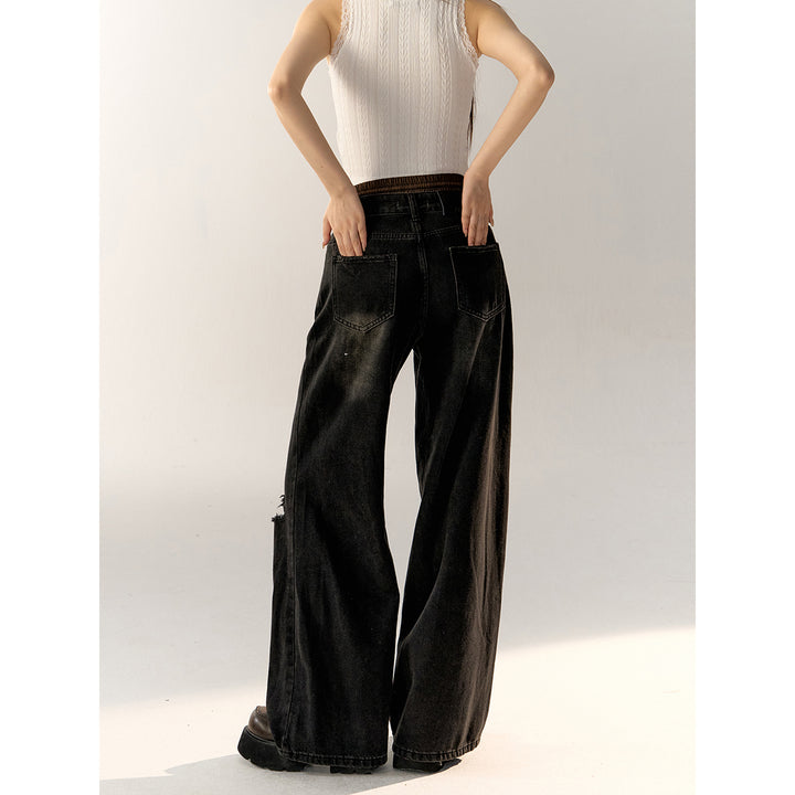 AsGony Color Blocked Gradient Ripped Wide-Leg Pants