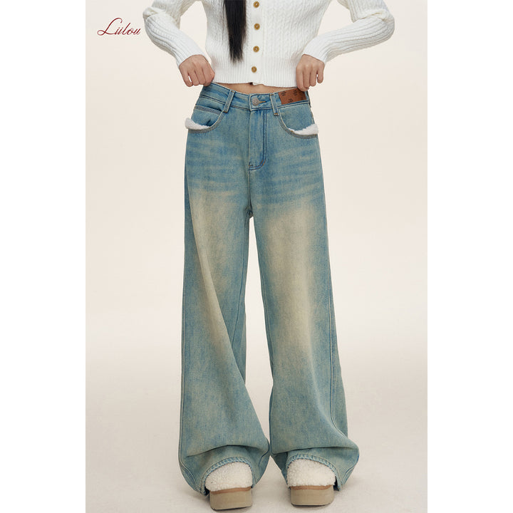 Liilou Woolen Patchwork Wide-Leg Fleece-Lined Jeans