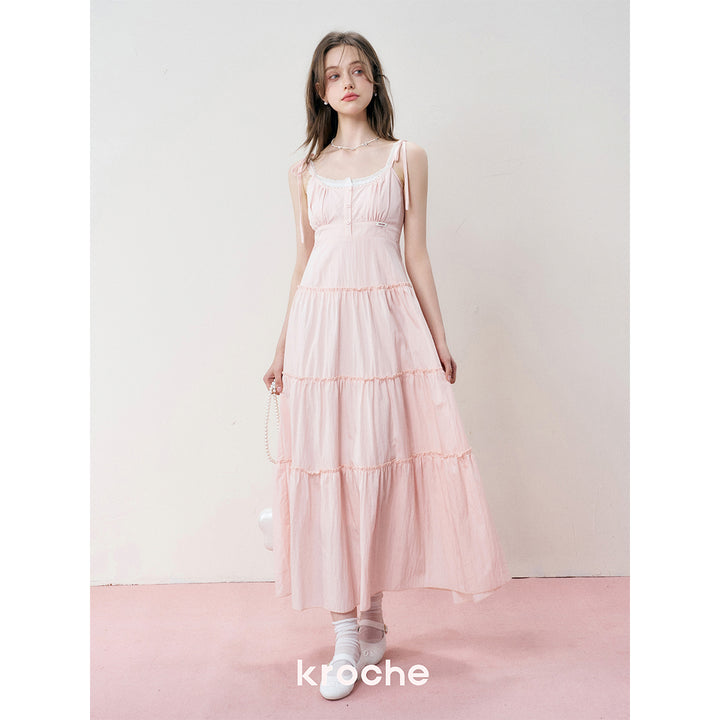 Kroche Lace Up Waisting Halter Dress Pink