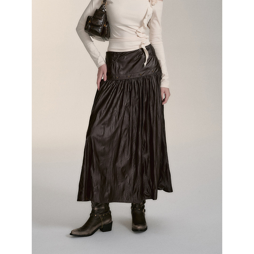 Via Pitti Rivet PU Leather Pleated Long Skirt Brown