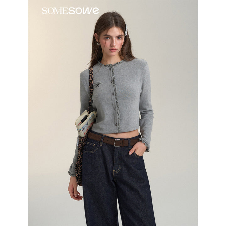 SomeSowe Bow Lace Knit Cardigan Gray