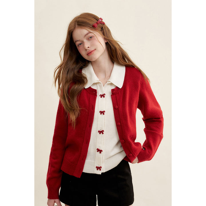 Kroche Color Blocked Fake-3-Piece Bow Woolen Cardigan Red