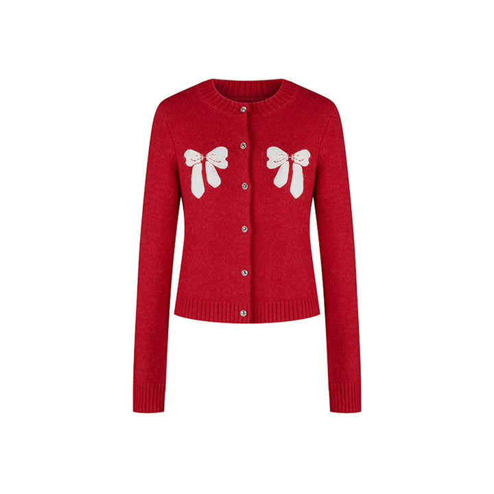 Herlian Contrast Color Bow Knitted Cardigan Red