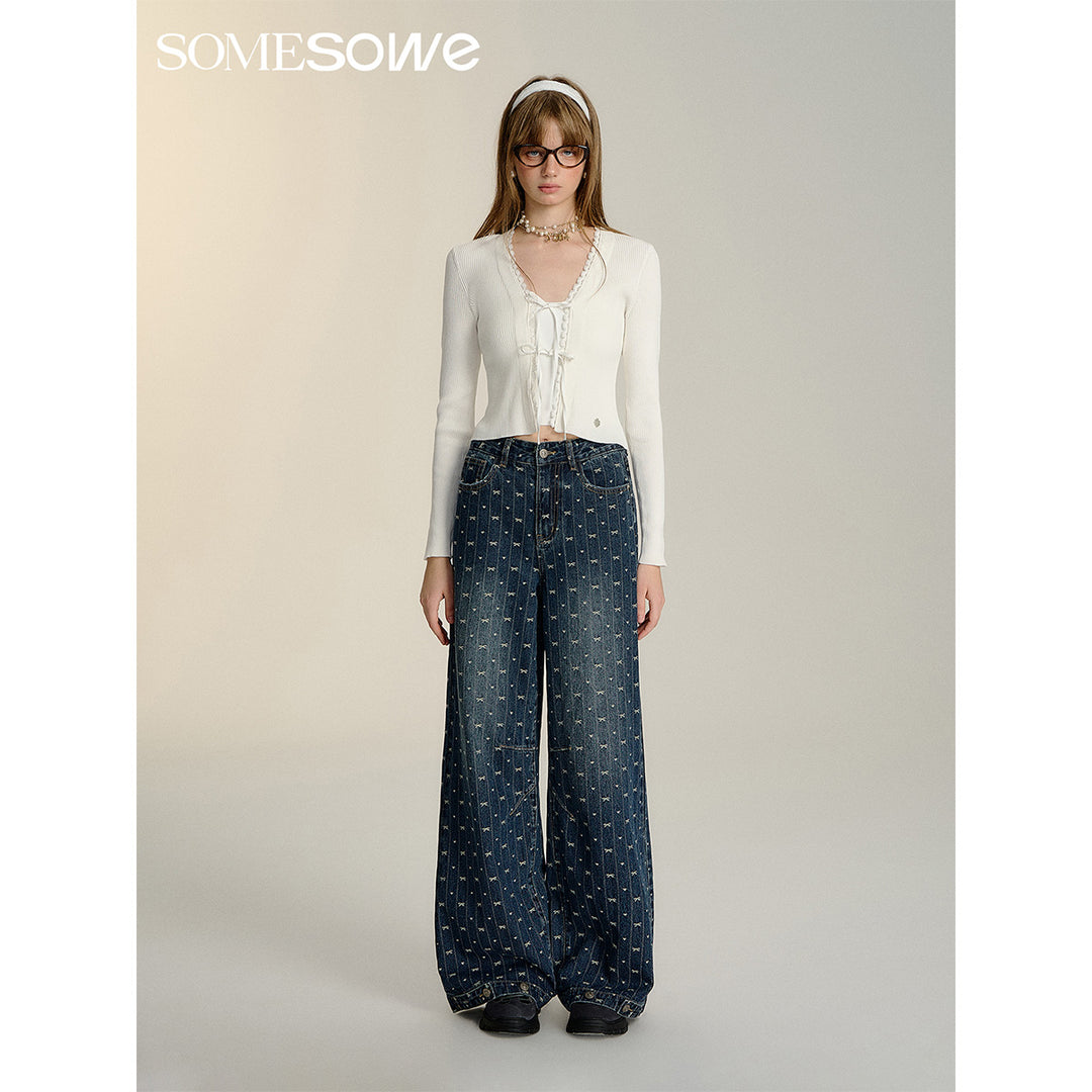 SomeSowe Vintage Bow Wide-Leg Jeans Blue