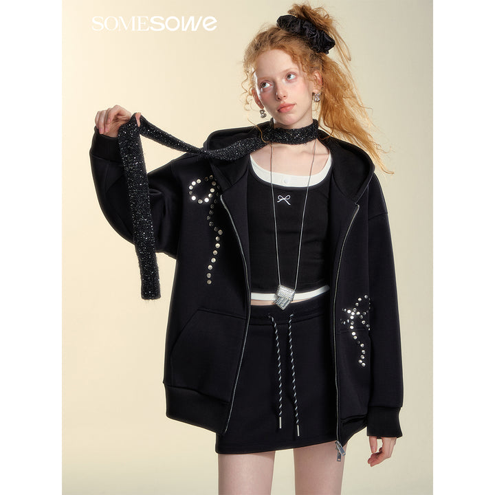 SomeSowe Bow Rivet Hooded Casual Jacket Black