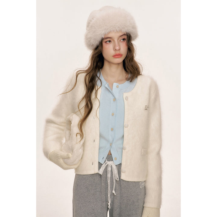 Kroche Blended Rabbit Hair Short Knit Cardigan White