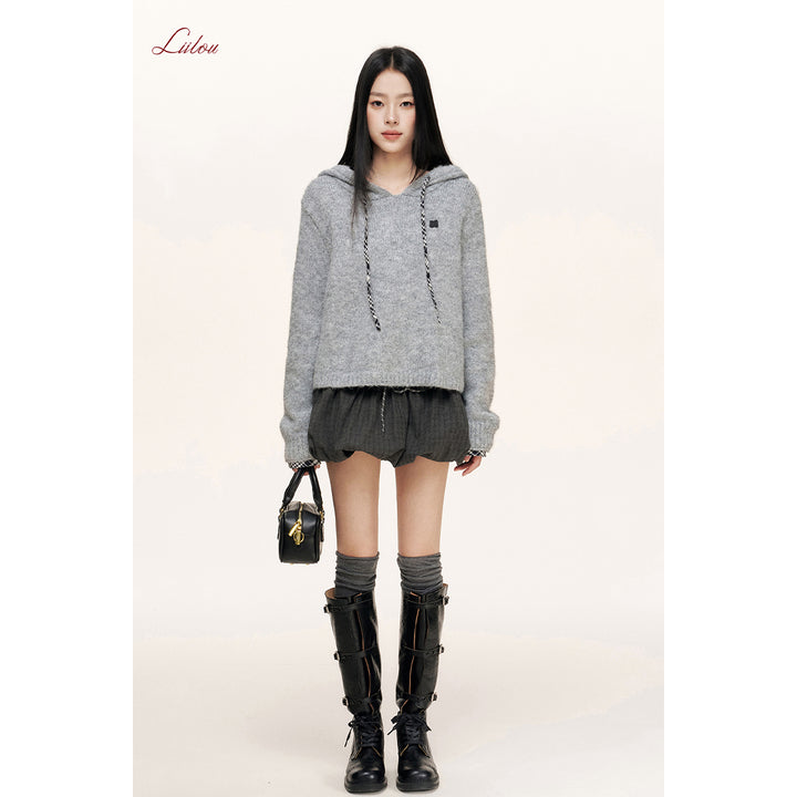 Liilou Plaid Drawstring Hooded Casual Knit Sweater