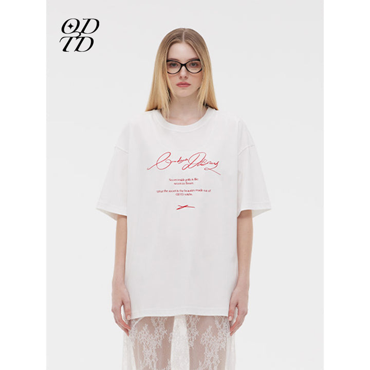 ODTD Embroidery Handwritten Slogan Logo Loose T-Shirt White