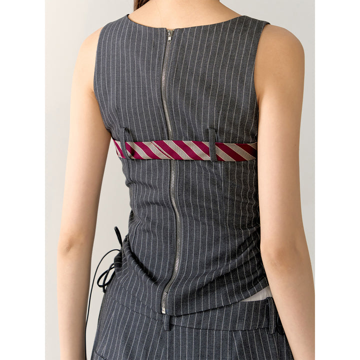 AsGony Striped Drawstring Pleated Vest