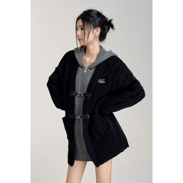 MacyMccoy Fake-2-Piece Hooded Silhouette Knit Cardigan Black