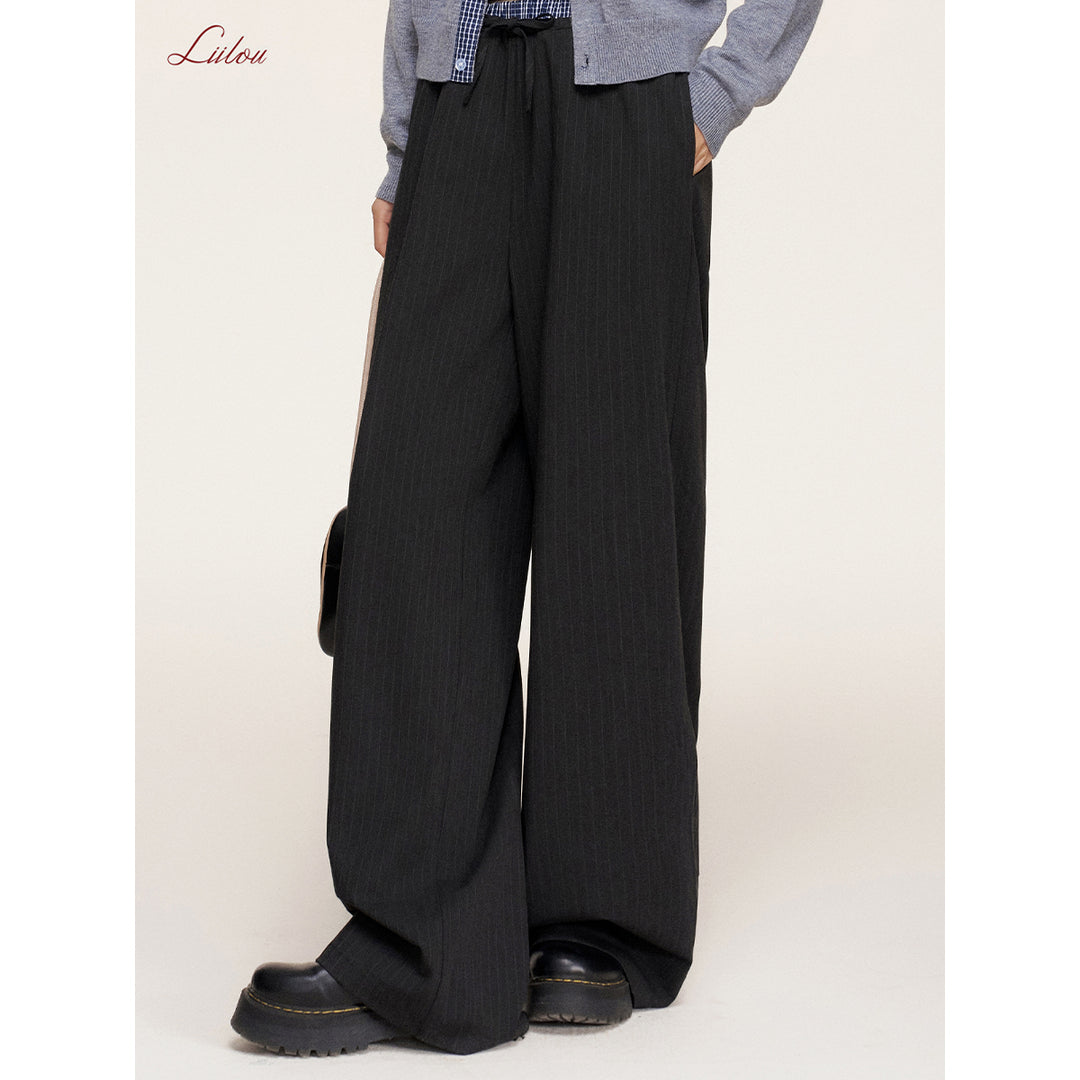 Liilou Plaid Patchwork Drawstring Striped Pants Dark Grey