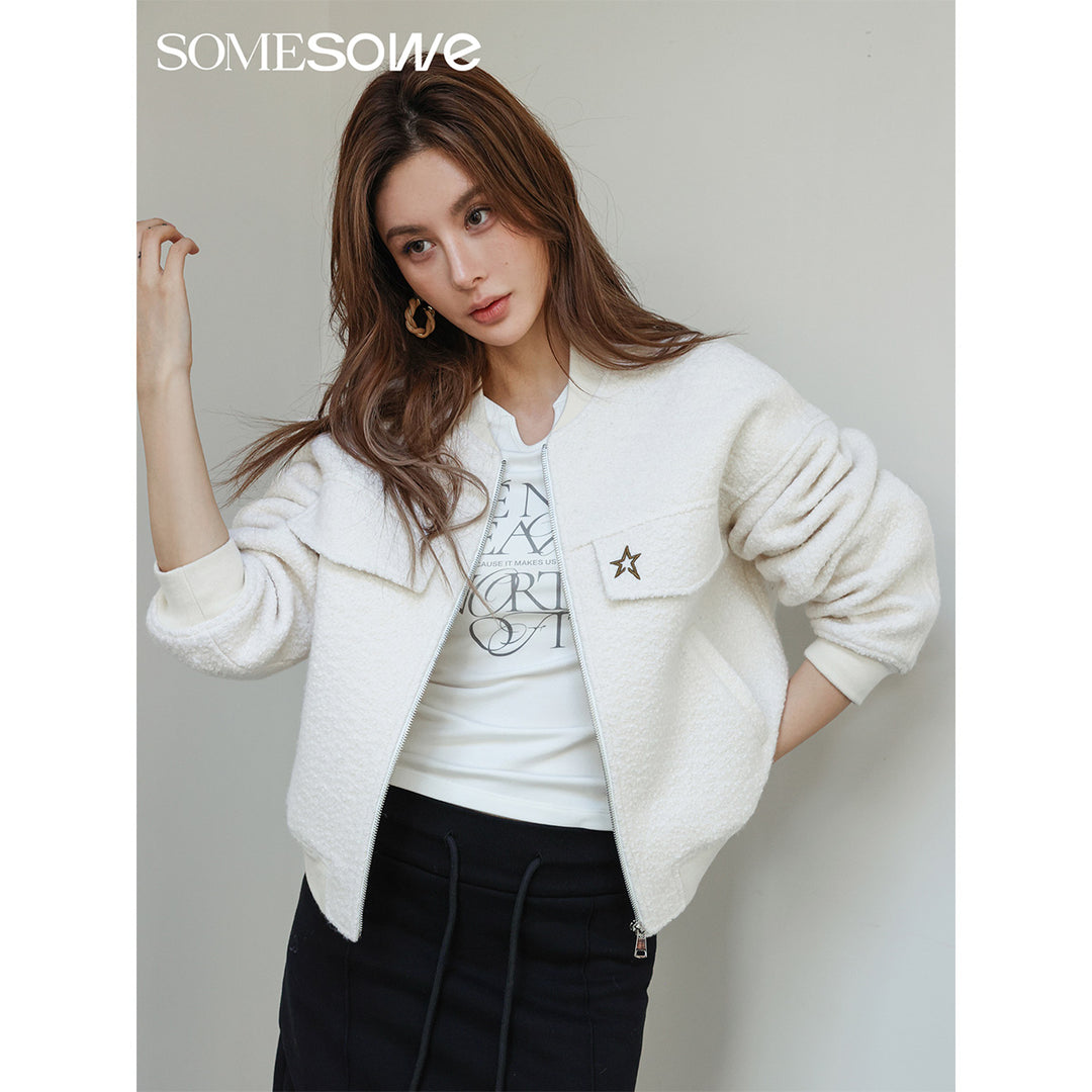 SomeSowe Star Embroidery Loop Woolen Jacket White - Mores Studio