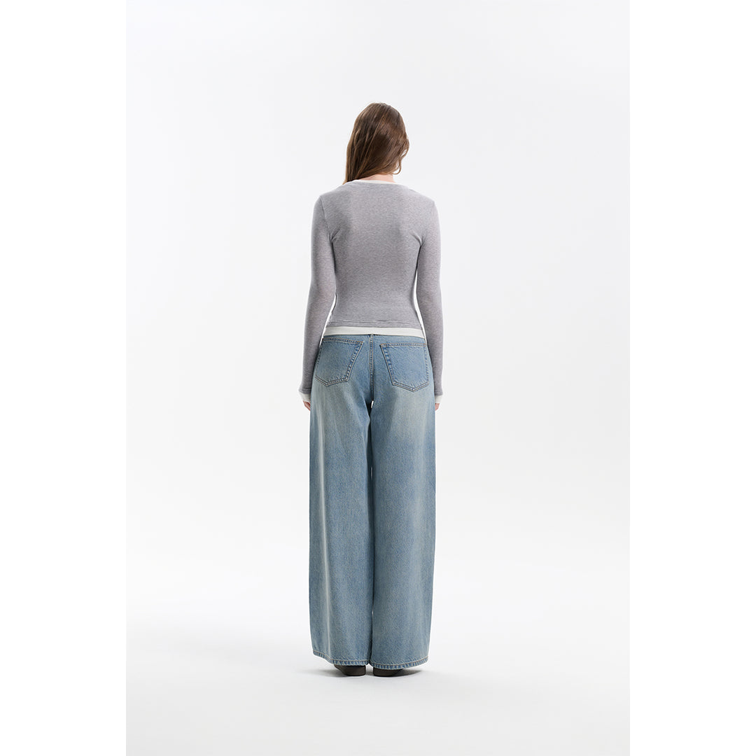 Three Quarters Hotfix Logo Loose Wide-Leg Jeans Blue