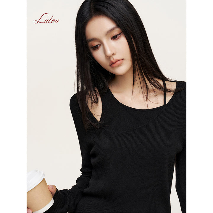 Liilou Fake-2-Piece Irregular Off-Shoulder Knit Top Black