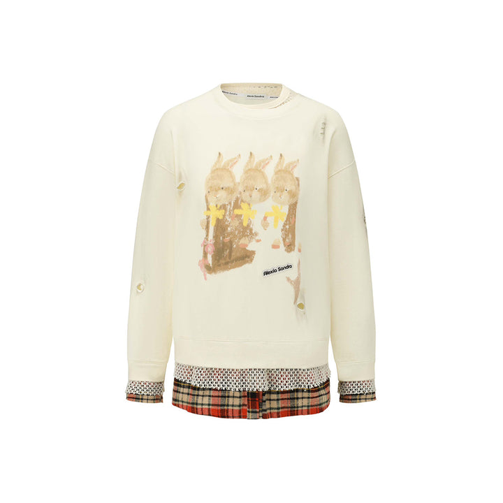 Alexia Sandra Three Rabbit Printed Fake-2-Piece Distressed Sweater White