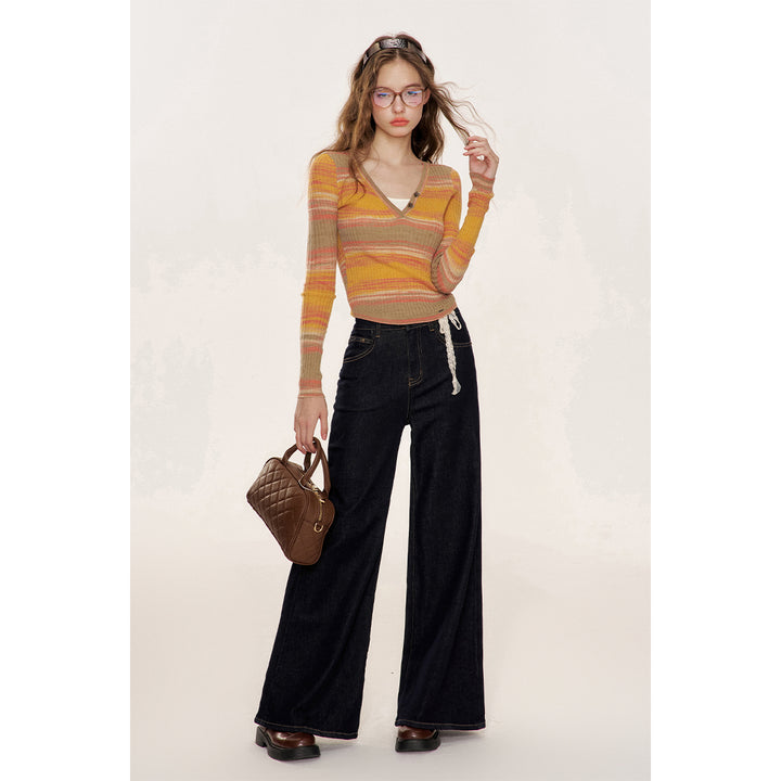 Kroche Retro Lace Belt High Waist Wide-Leg Jeans