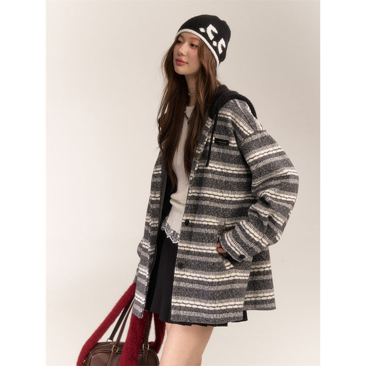 AsGony Striped Hooded Thicken Mid-Length Coat