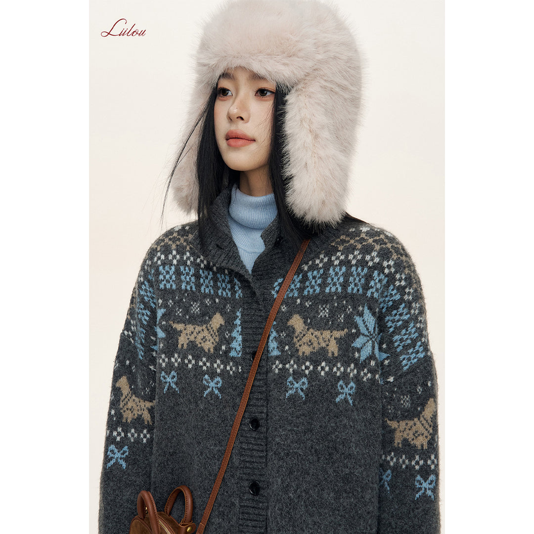 Liilou Fair Isle Jacquard Lapel Woolen Knit Cardigan