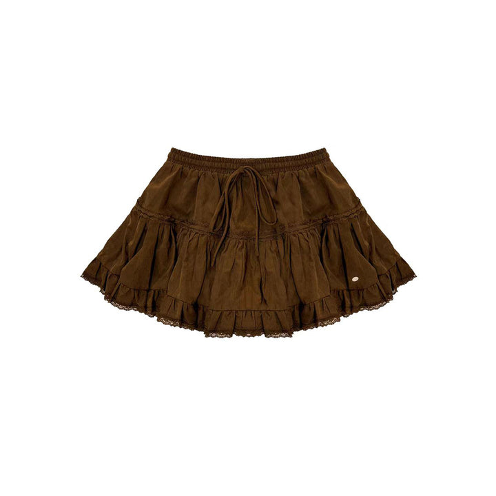 AsGony Retro Lace Edge Elastic-Waist Puffy Skirt Brown