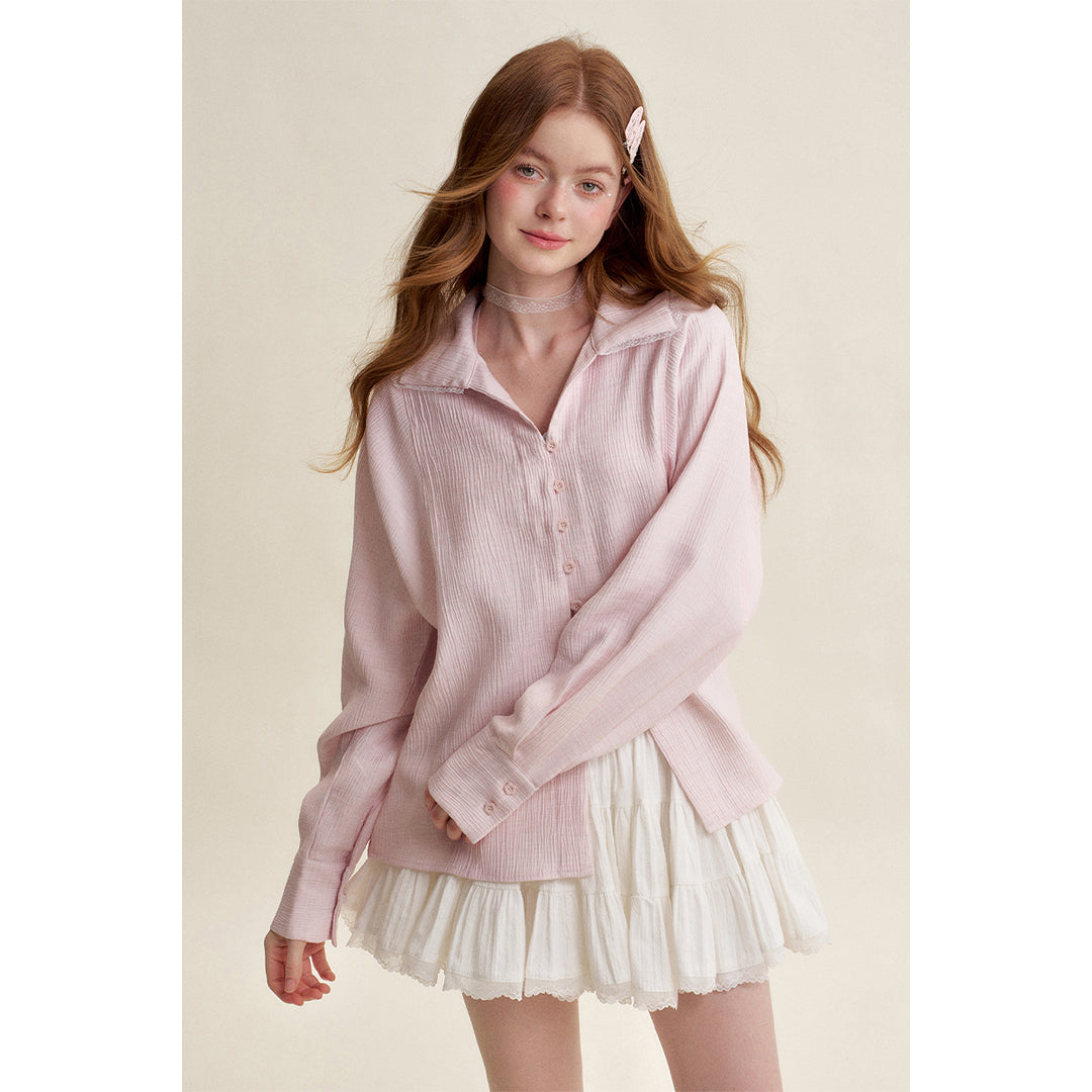 Kroche Lace Edge Patchwork Texture Loose Shirt Pink