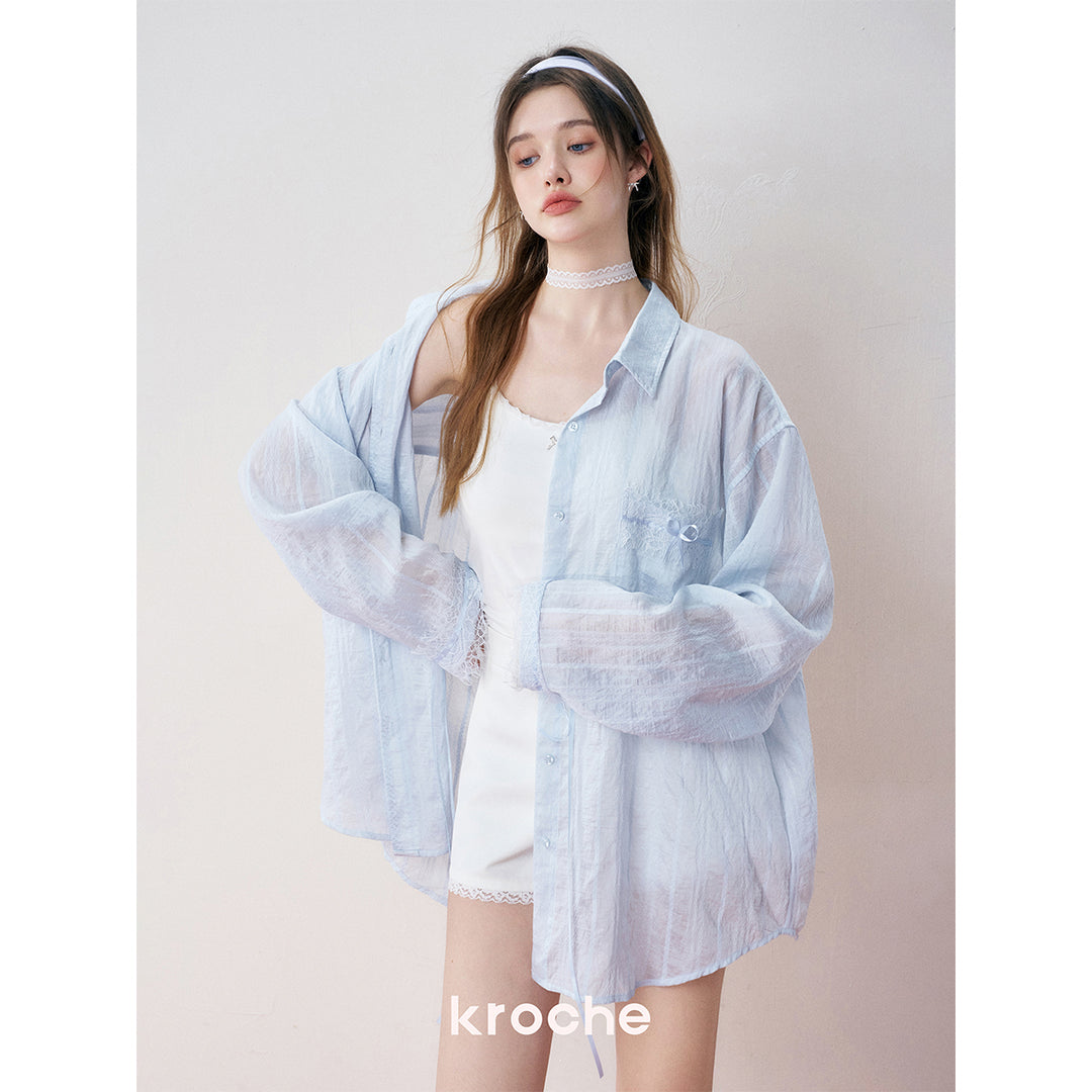 Kroche Lace Patchwork Ribbon Striped Shirt Blue