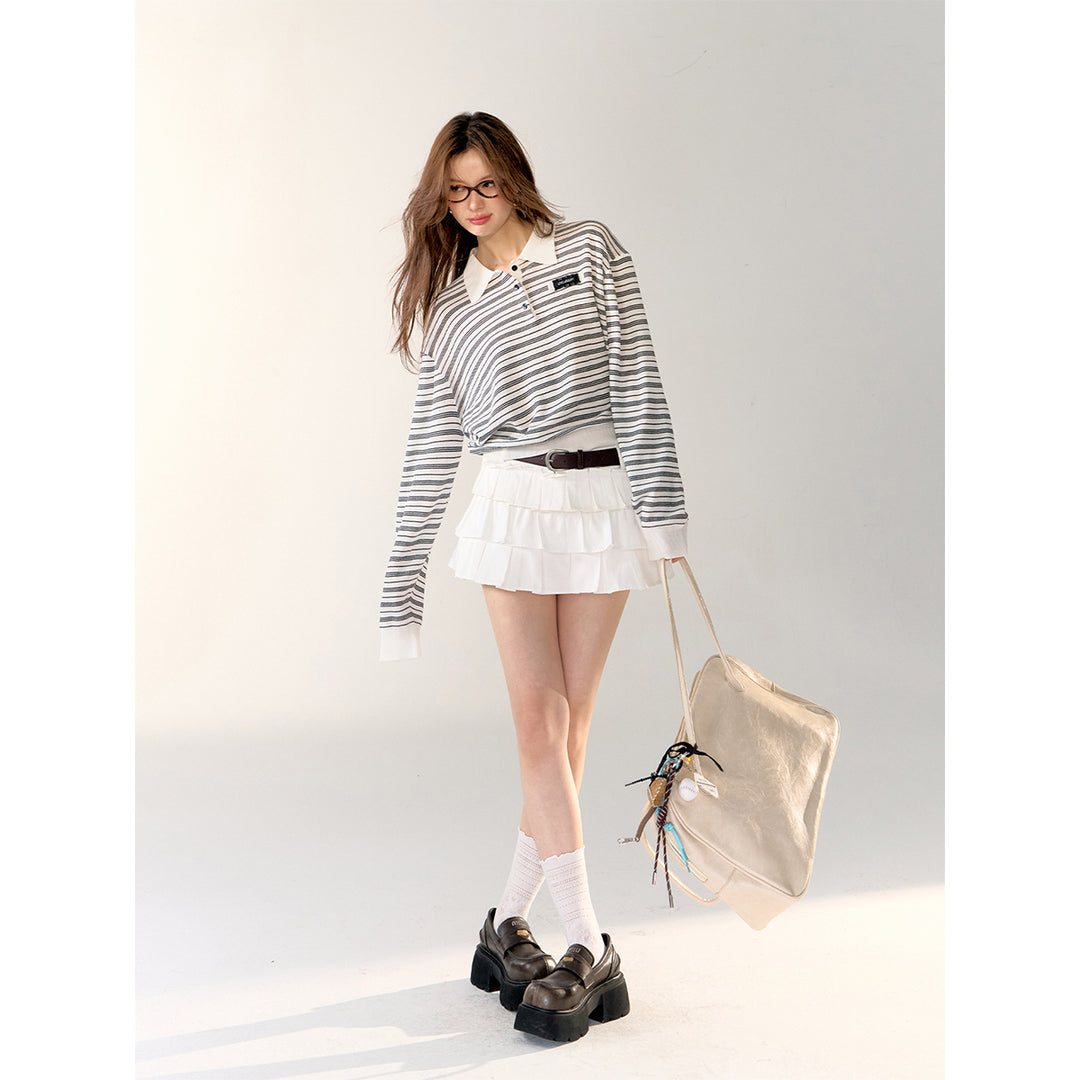 AsGony Contrast Color Striped L/S Polo T-Shirt