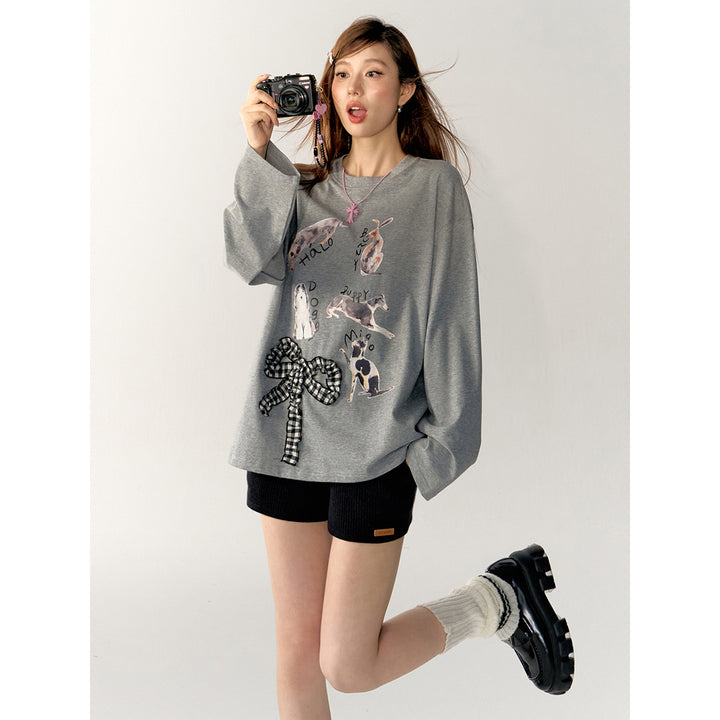 AsGony 3D Bow Knot Cartoon Casual L/S T-Shirt Gray